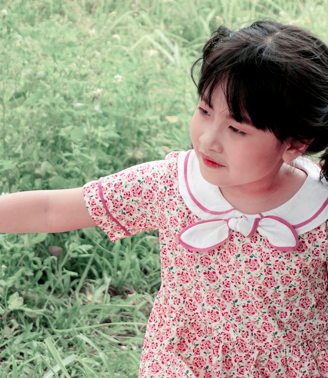 Váy  hoa hồng cổ nơ trắng